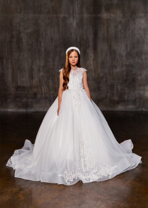 Beaded White Lace Organza Sparkly Flower Girl Dress With Horsehair Trim